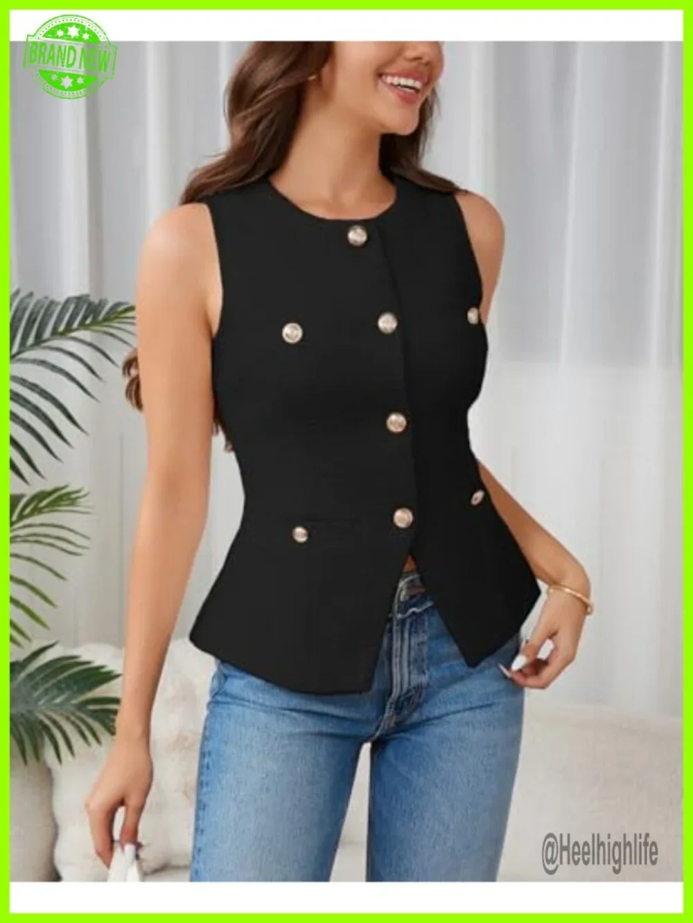 Sleeveless Tweed Blazer Vest Button Front Casual Work Vest